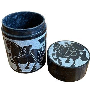 Vintage Collectible Black & White Marble Jar Etched Container w Lid 4 1/8"